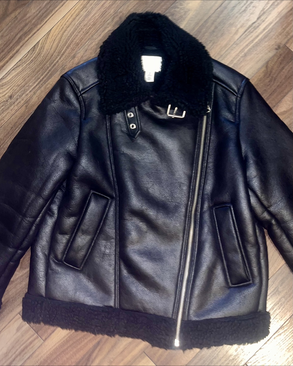 H&M Black Shearling Lined Aviator Jacket - Size S