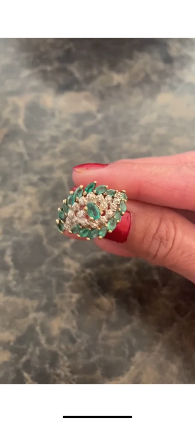 Diamond Emerald 10K Yellow Gold Cluster Band Ring - photo 2
