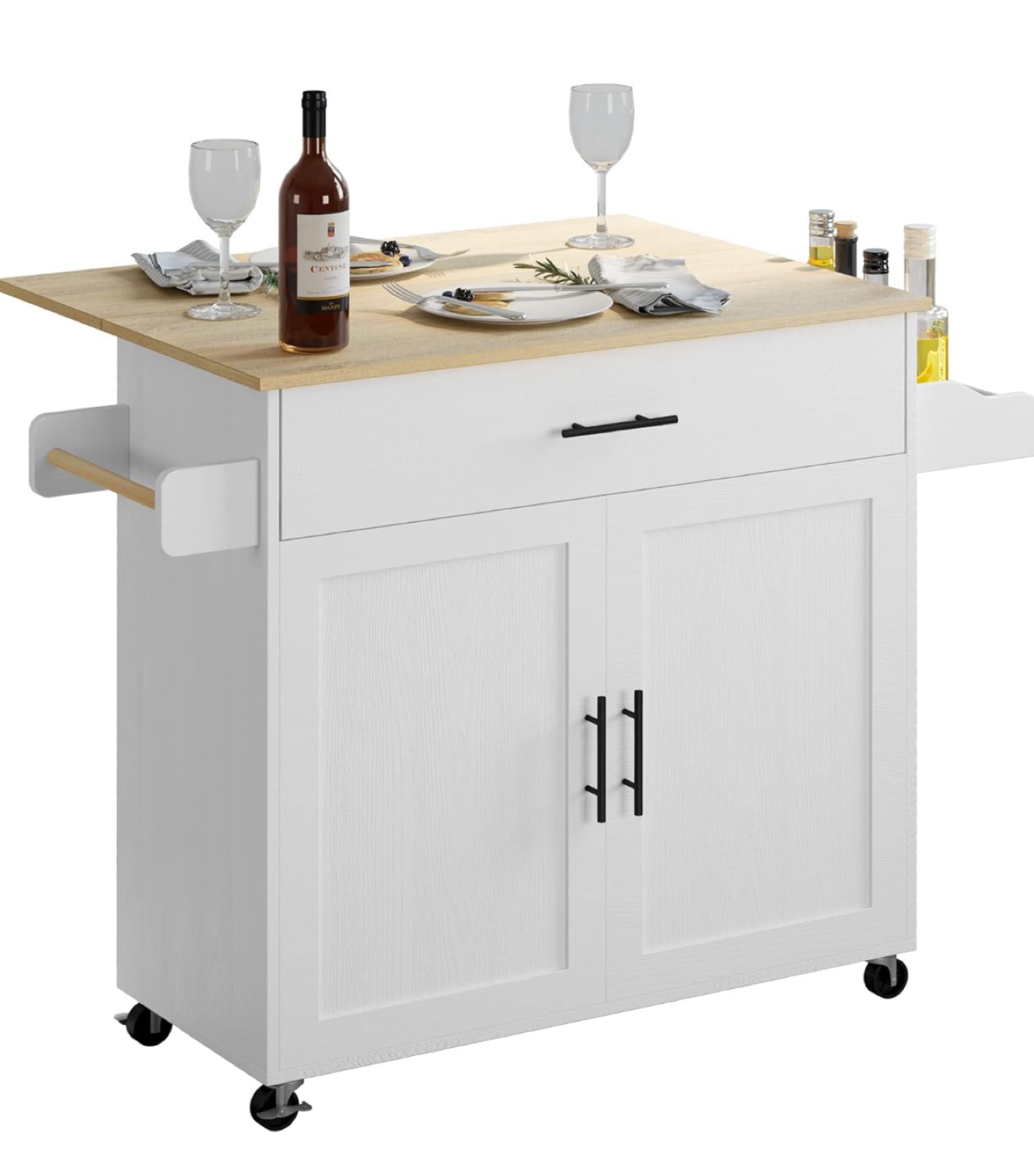 White Kitchen Island Cart on Wheels  with Wood Top and Drop Leaf