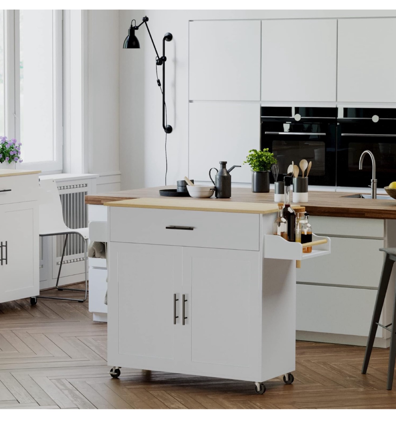 White Kitchen Island Cart on Wheels  with Wood Top and Drop Leaf - photo 5
