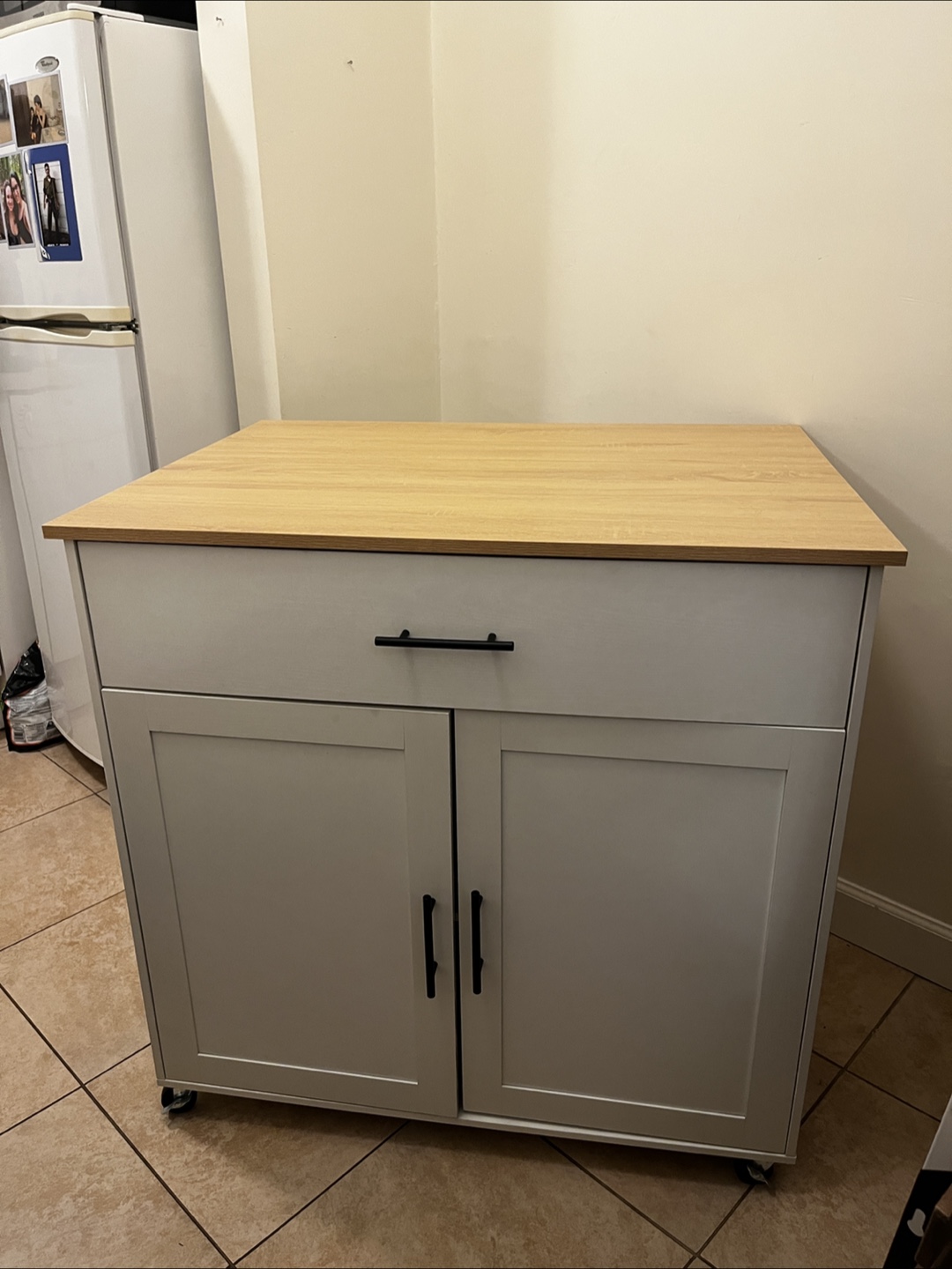 White Kitchen Island Cart on Wheels  with Wood Top and Drop Leaf - photo 2