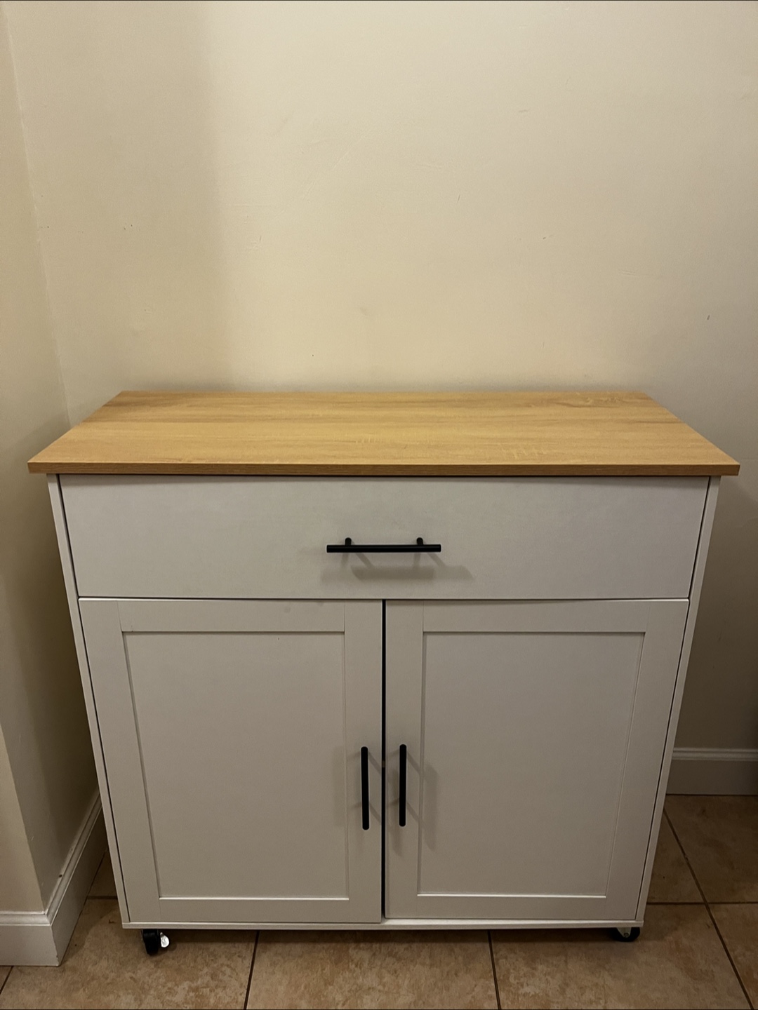White Kitchen Island Cart on Wheels  with Wood Top and Drop Leaf - photo 4