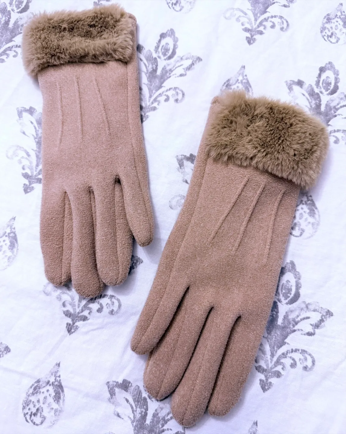 Beige Gloves with Faux Fur Trim thumbnail