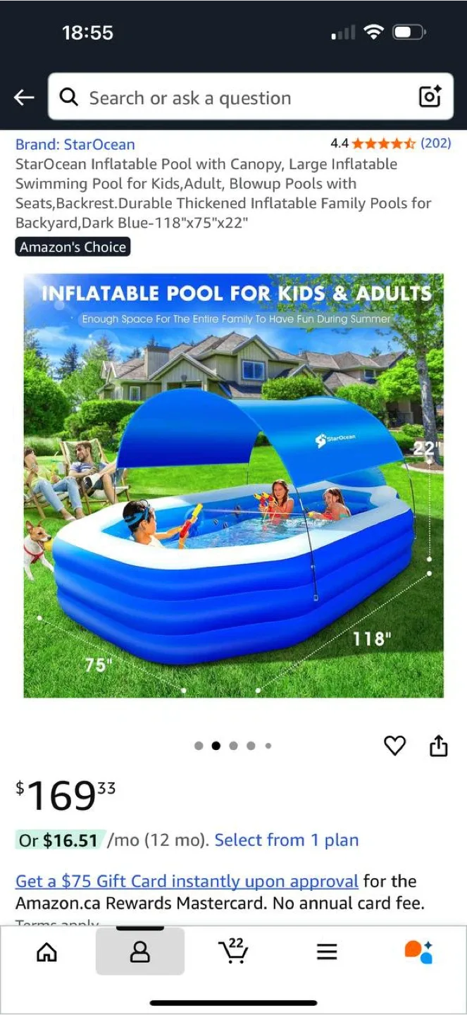 StarOcean Inflatable Pool with Canopy – 118” x 75” x 22” – New thumbnail