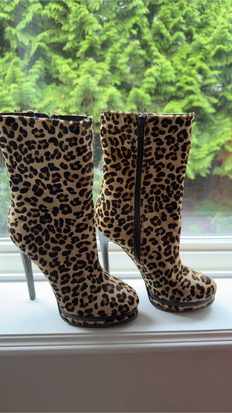 Leopard Print High Heel Ankle Boots, size 7.5