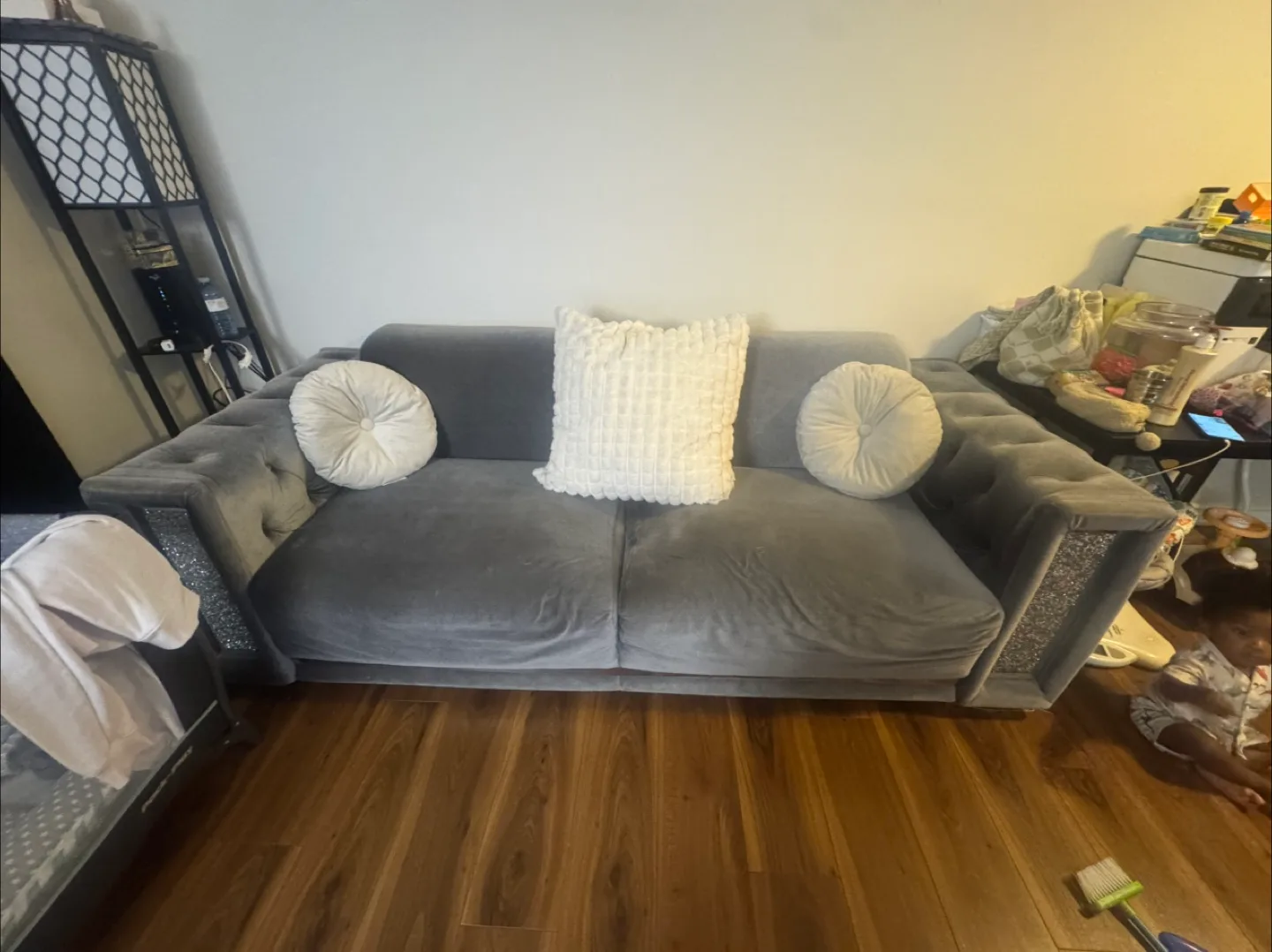 Free Grey Tufted Sofa with Crystal Accents thumbnail