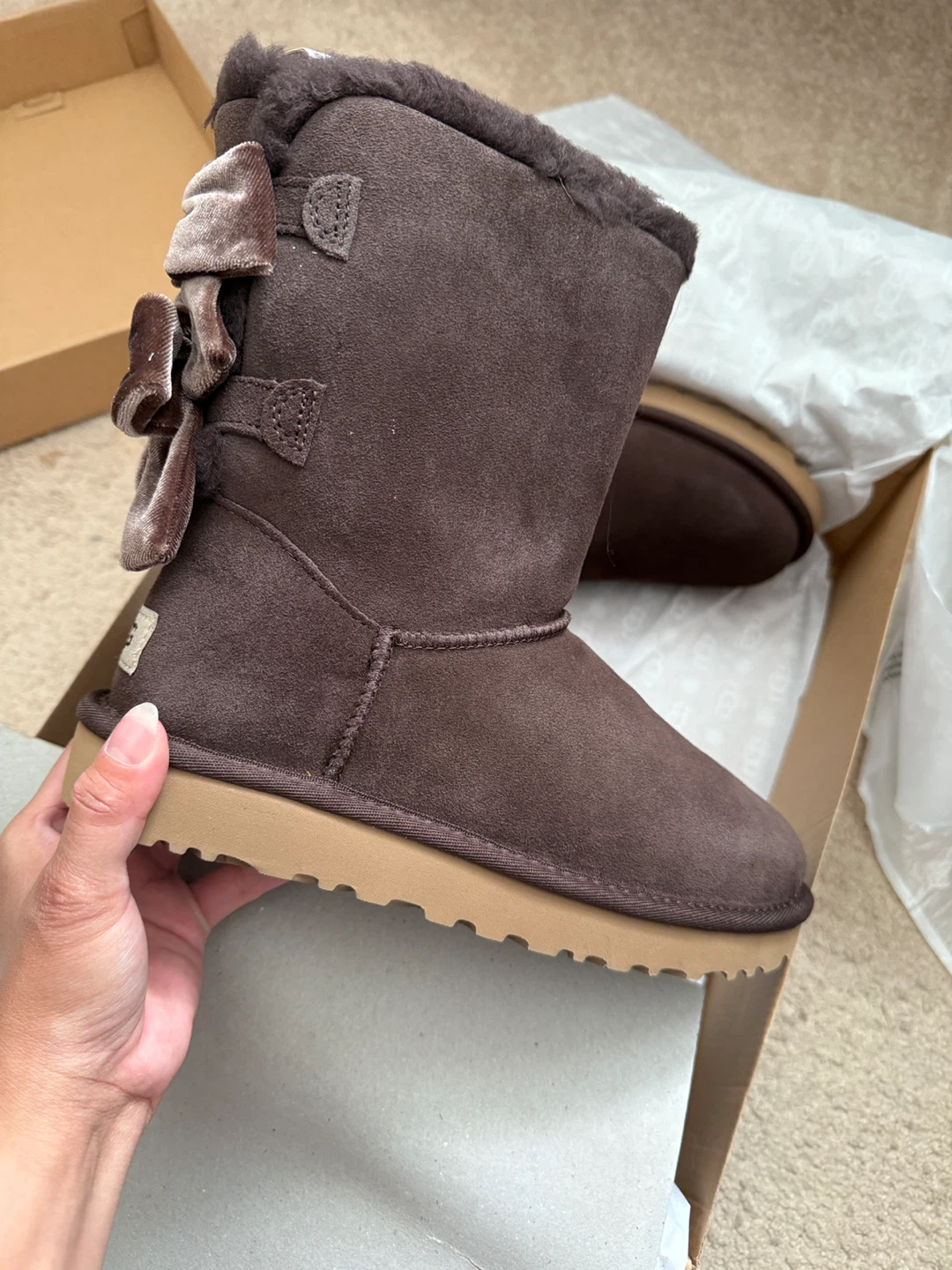 New UGG Bailey Bow Velvet Ribbon Chocolate Boot - Size 7 - photo 5