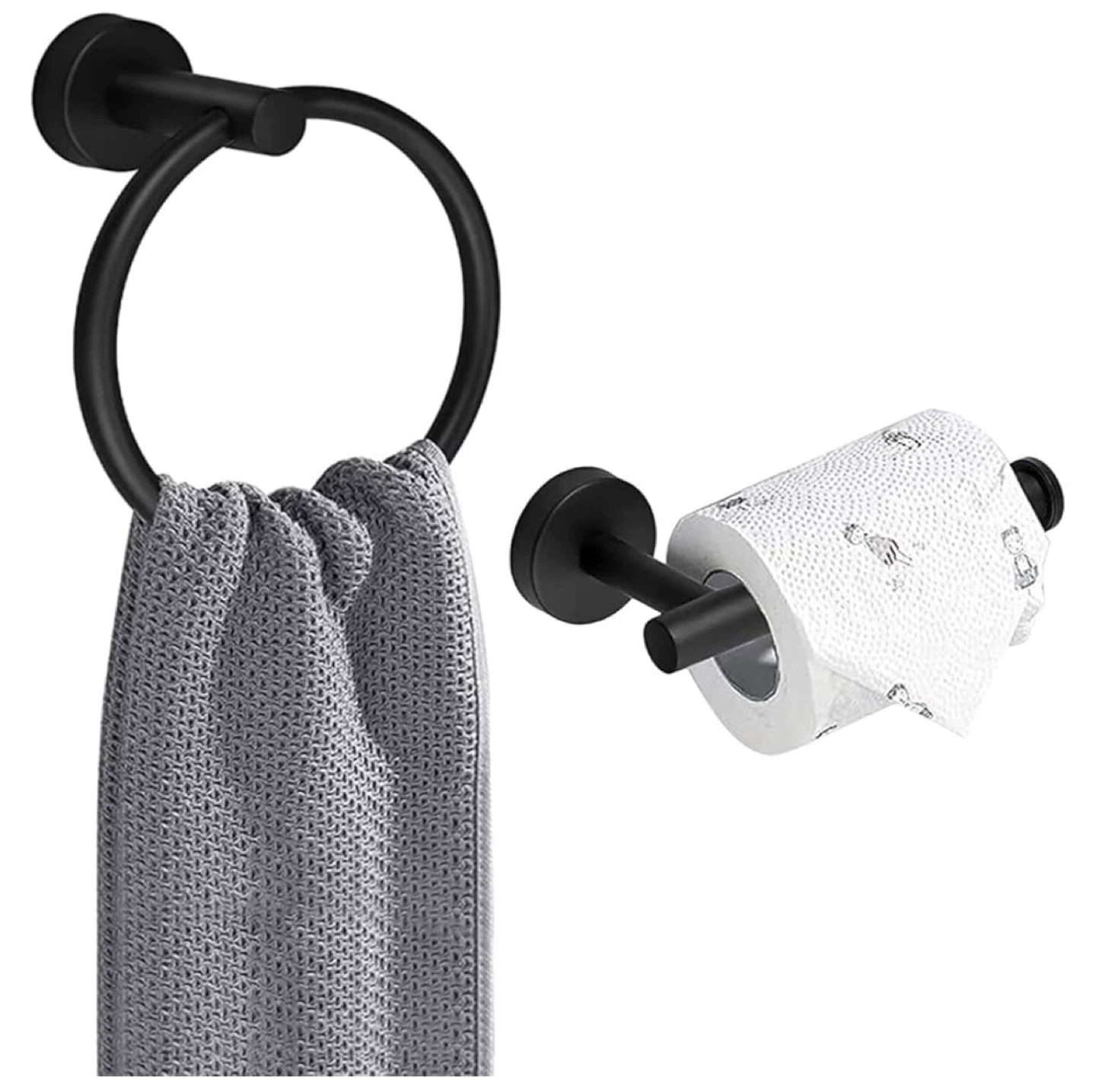 Black Towel Ring & Toilet Paper Holder Set