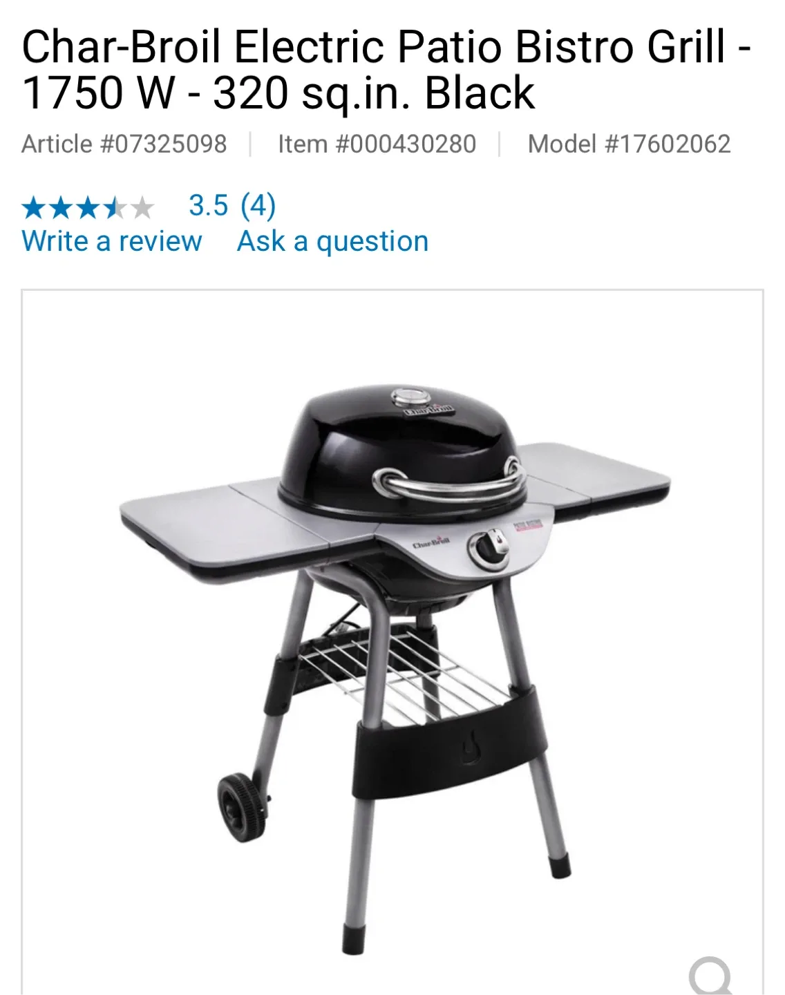 Char-Broil Electric Patio Bistro Grill - Black 🥕 thumbnail