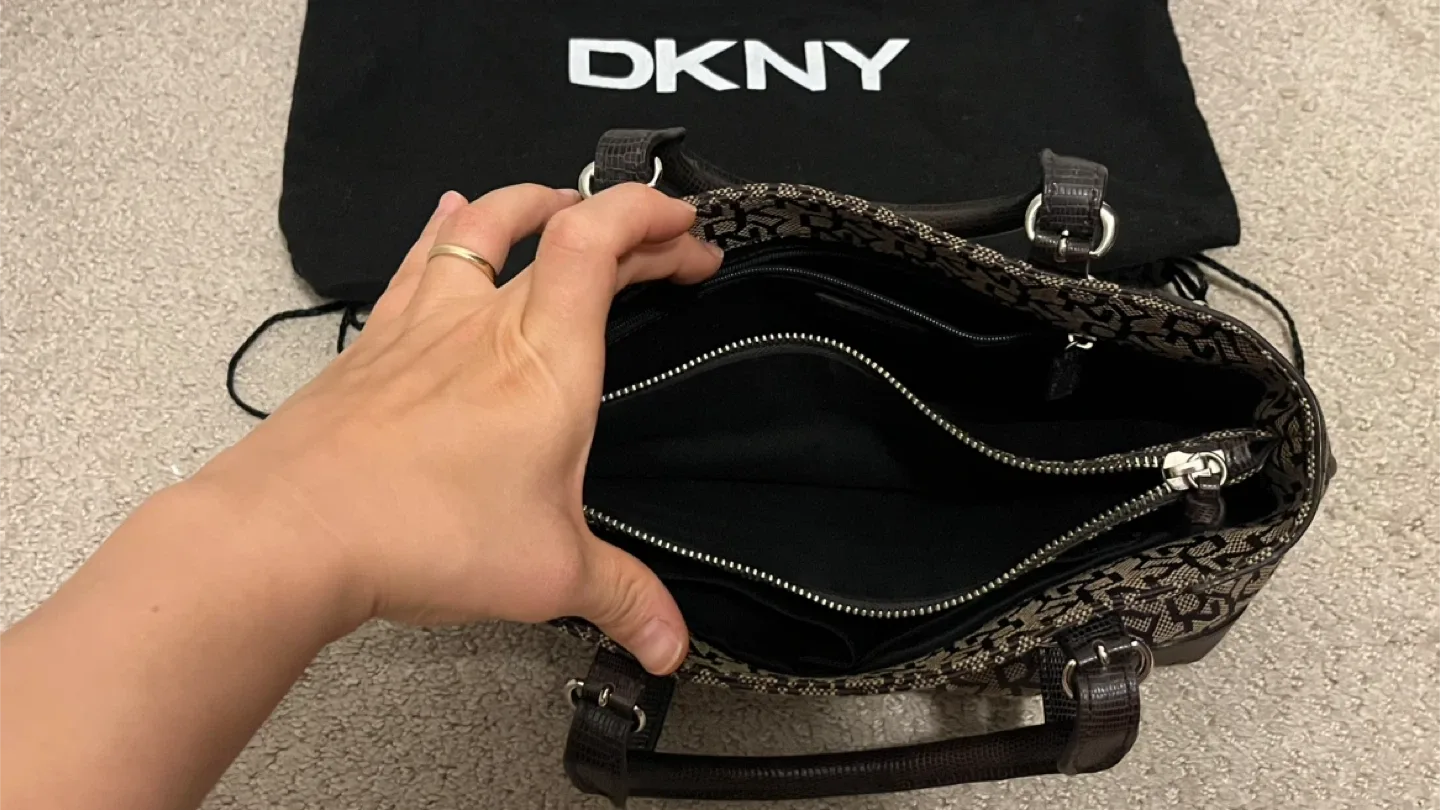 DKNY Brown Patterned Handbag with Dust Bag image indicator(2)