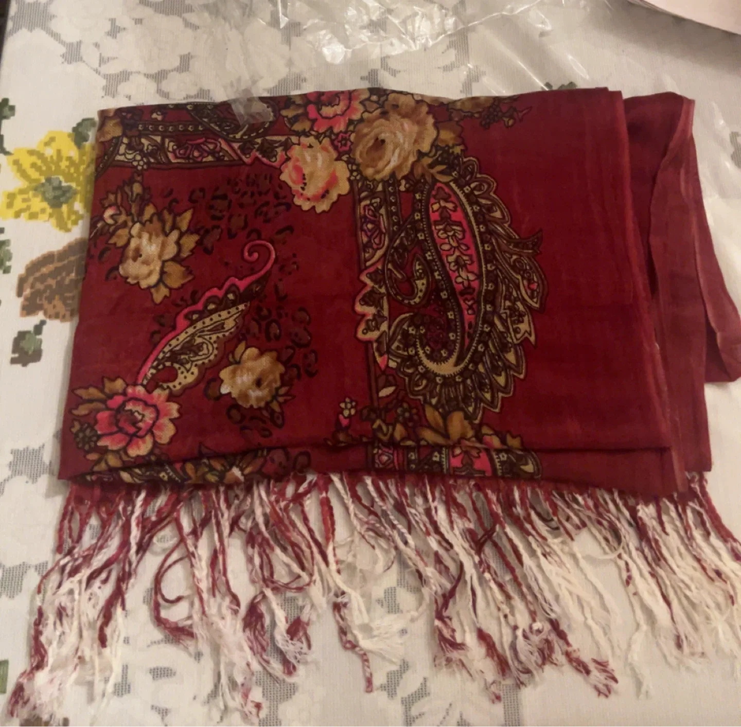 Red Floral Scarf with Fringe thumbnail