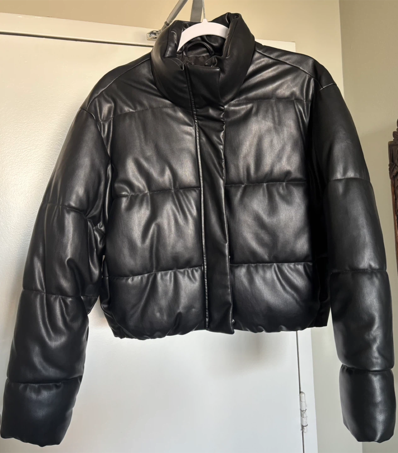 Zara Black Faux Leather Cropped Puffer Jacket - Size S