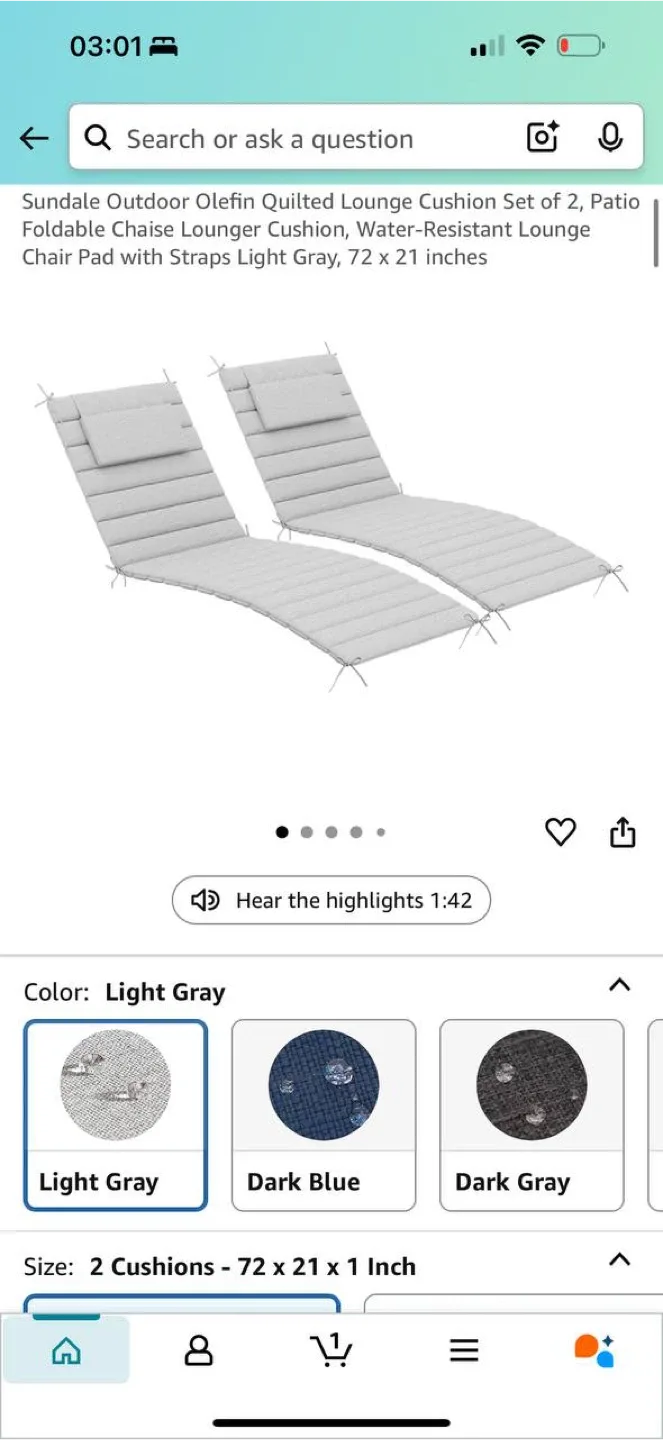 Set of 2 Outdoor Chaise Lounge Cushions – Light Gray thumbnail
