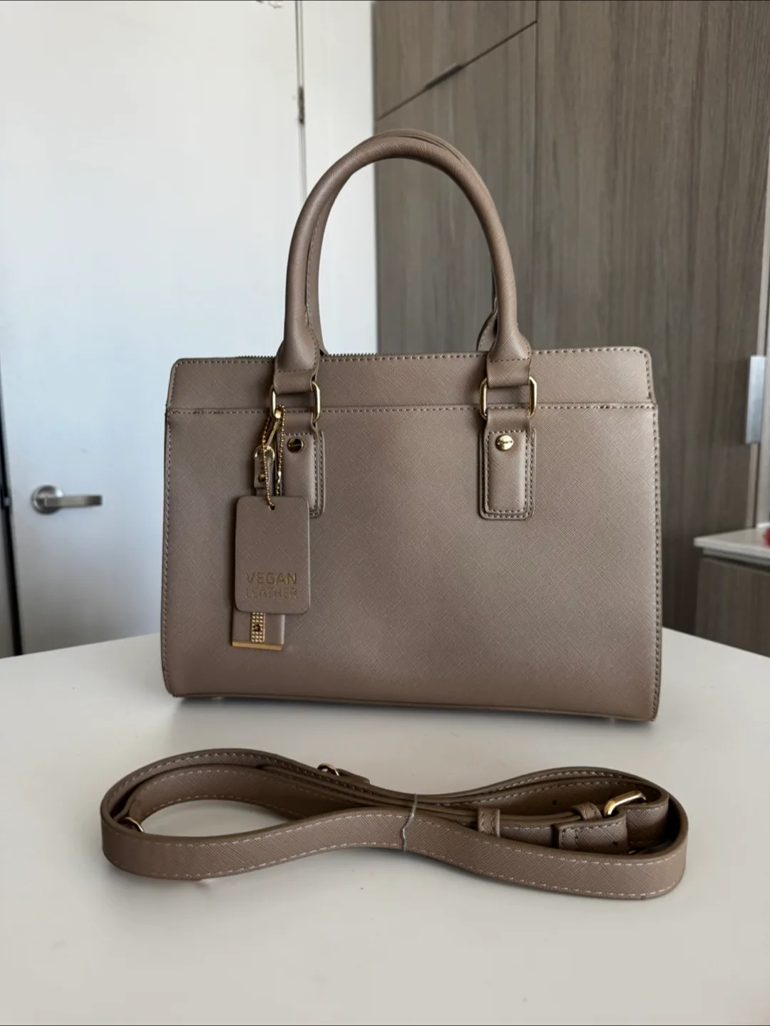 Vegan Leather Top Handle Bag - Taupe thumbnail