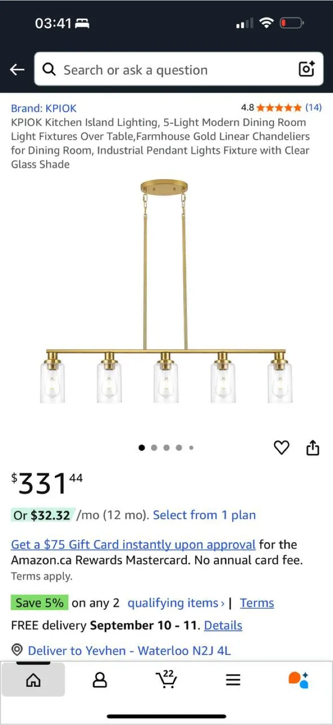 KPIOK Modern 5-Light Gold Linear Chandelier – NEW thumbnail