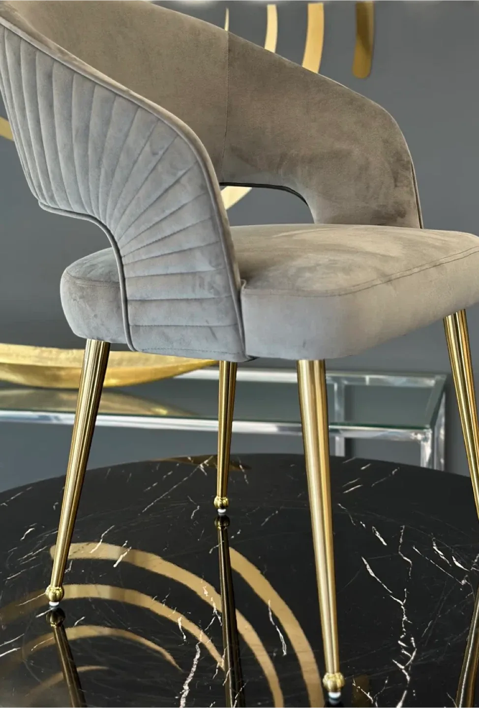 Grey Velvet Dining Chair with Gold Legs