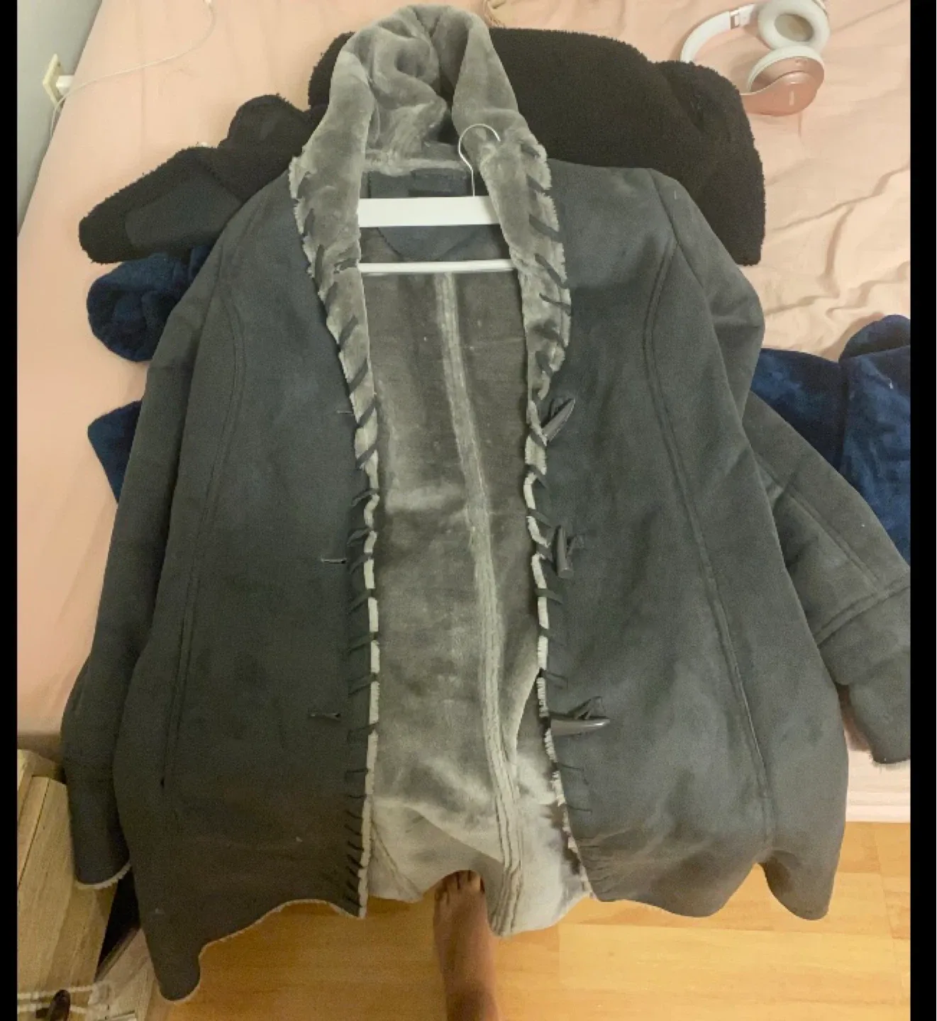 Grey Faux Suede Coat with Faux Fur Lining thumbnail