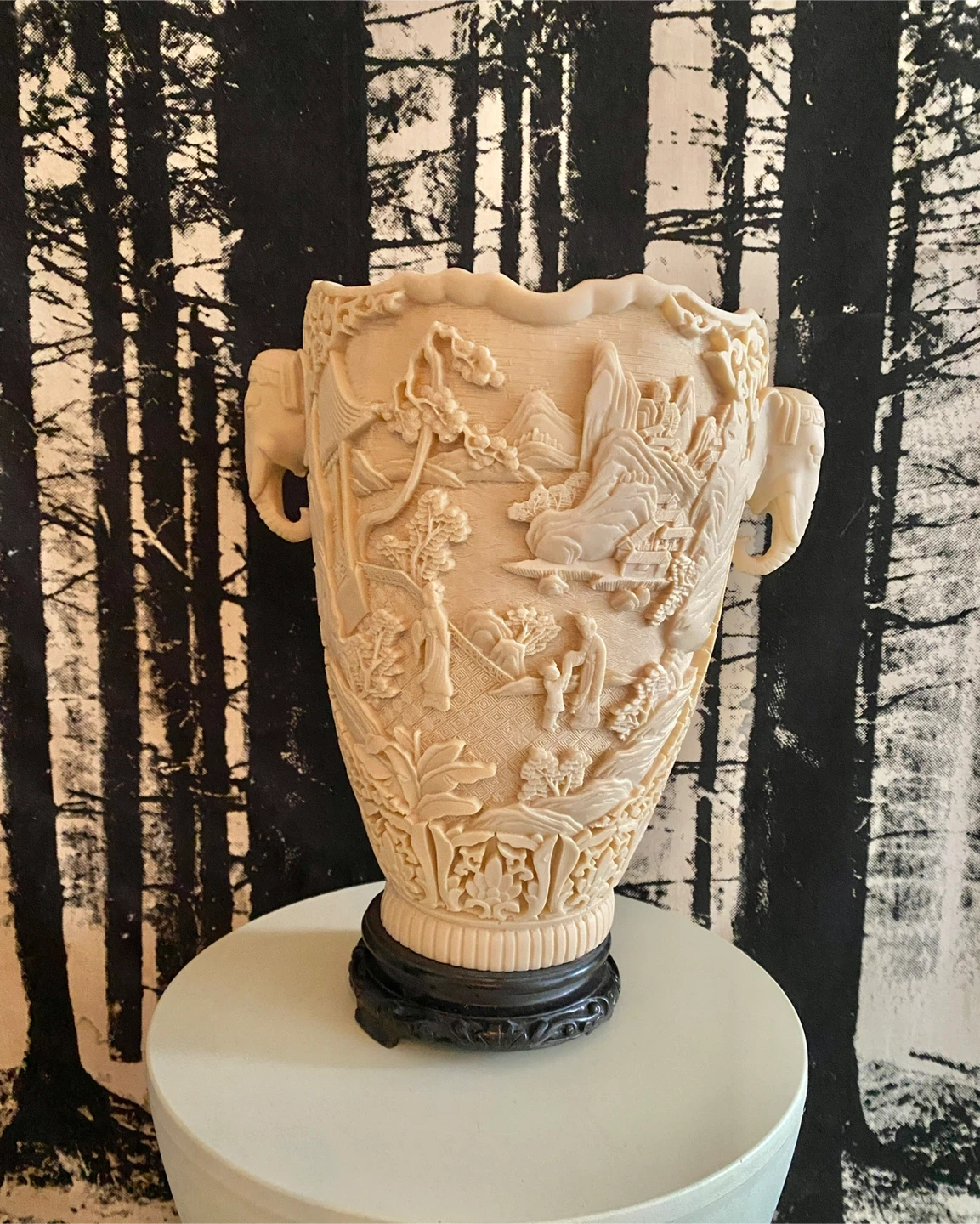 Chinese Elephant Handle Carved Resin Vase - photo 3