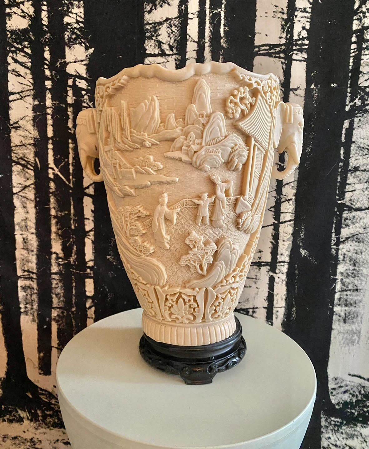 Chinese Elephant Handle Carved Resin Vase