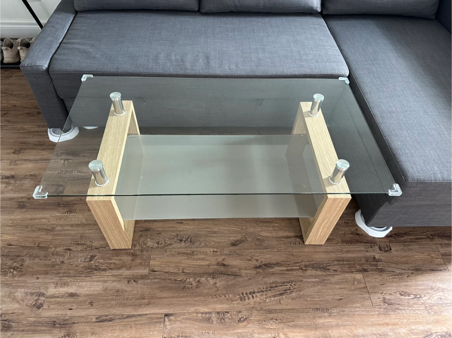 Glass Top Coffee Table with Wooden Base