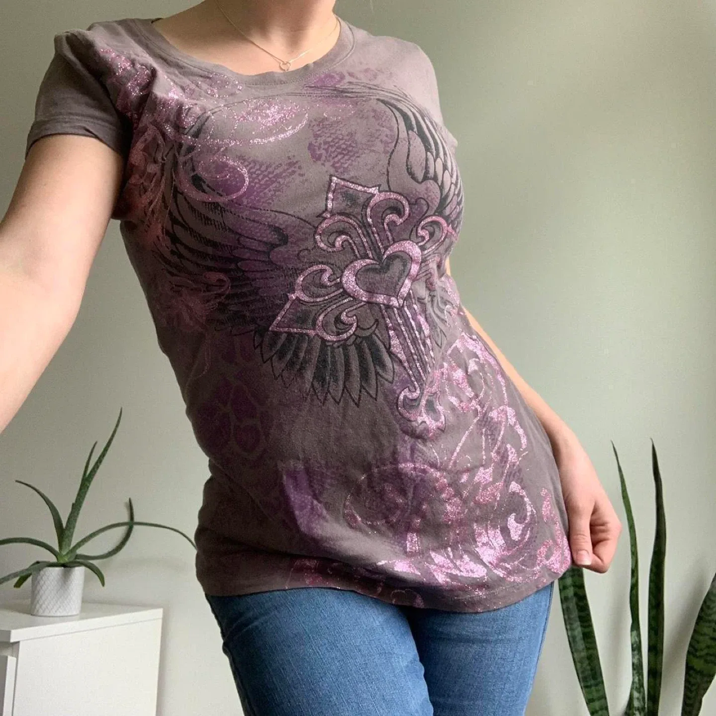 Grey T-Shirt with Winged Cross Design