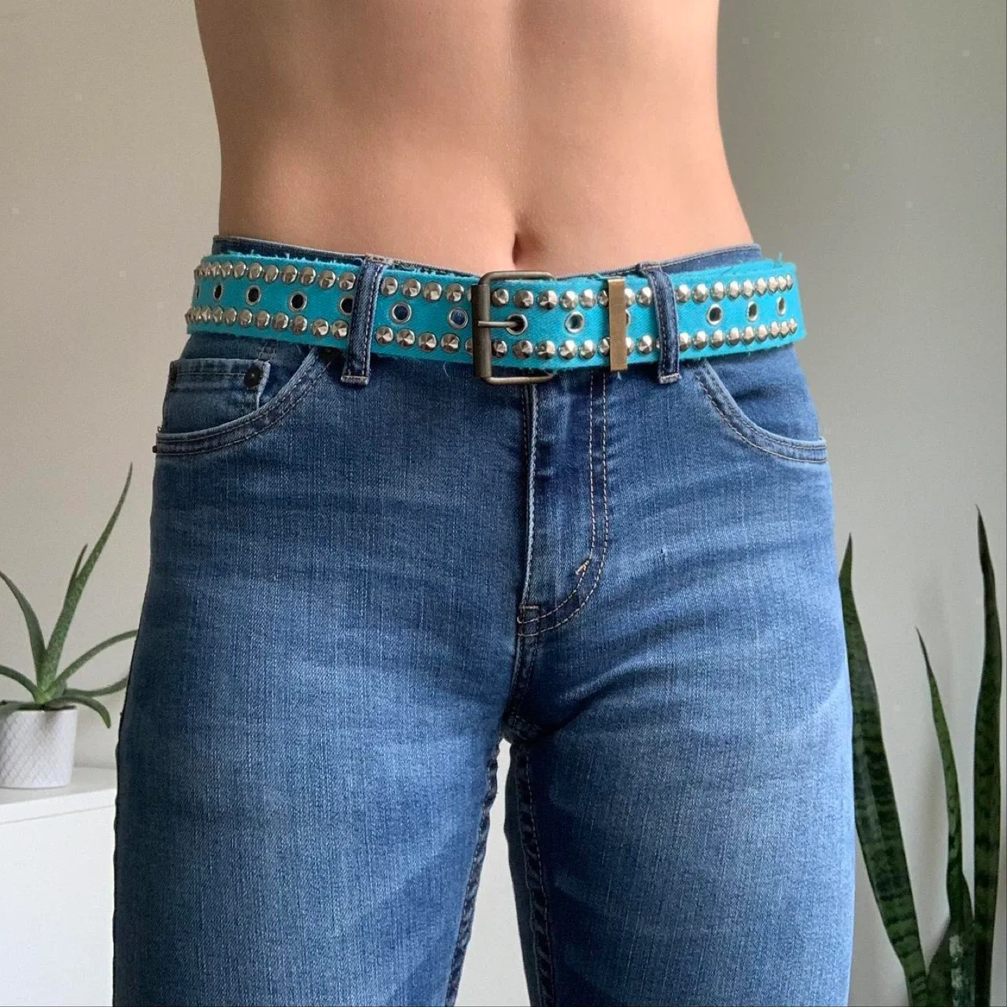 Y2k blue studded denim belt