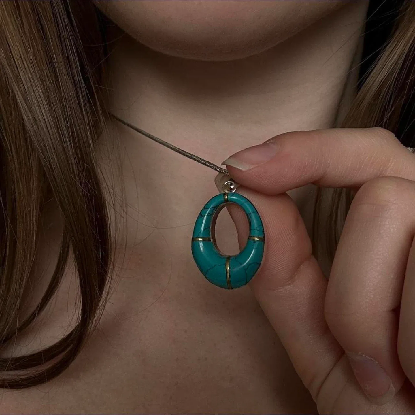 Vintage oval Nepal turquoise pendant sterling silver necklace image indicator(2)