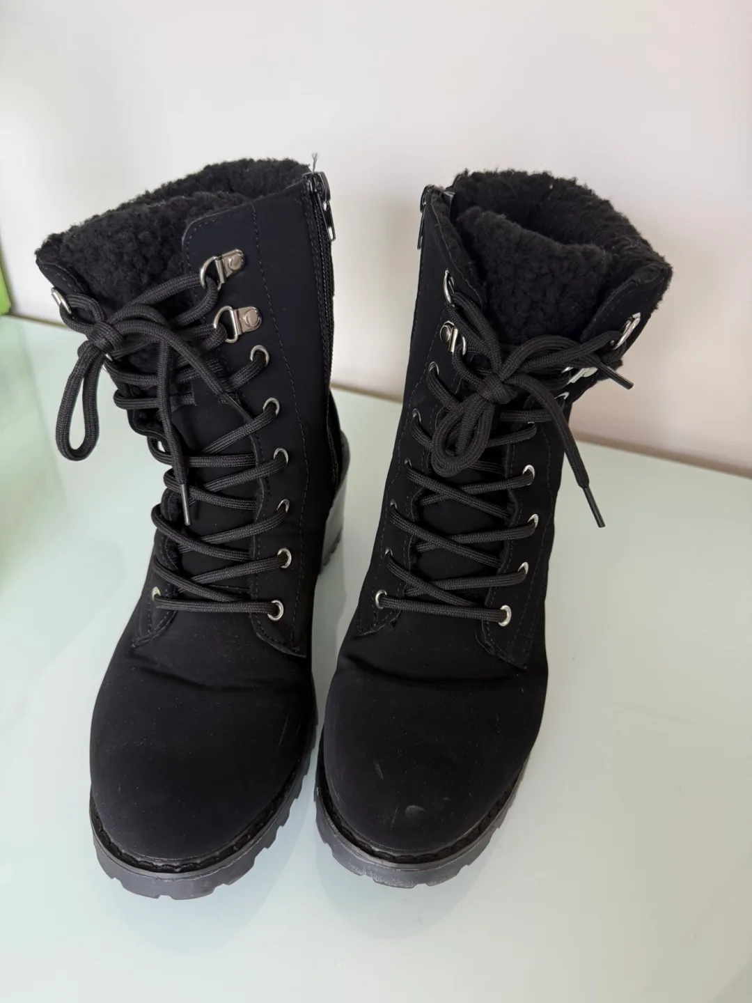 Winter fleece lined Black Lace-Up Ankle Boots thumbnail