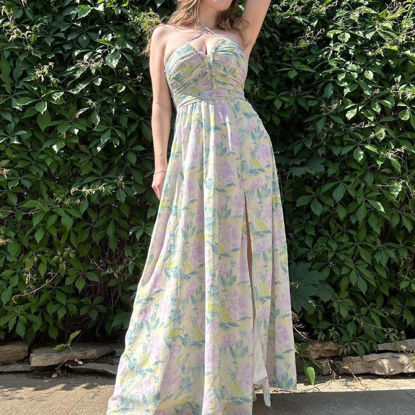 Flowy green and purple floral maxi dress image indicator(4)