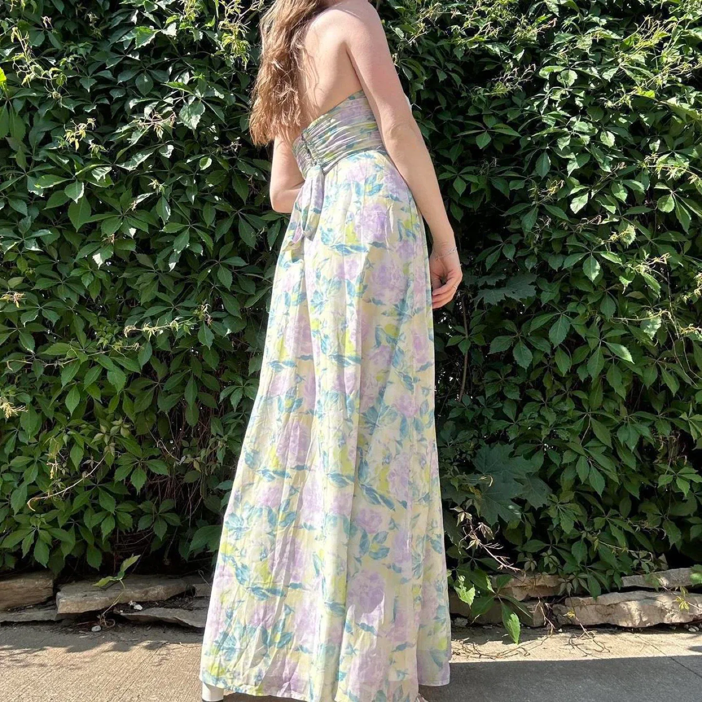 Flowy green and purple floral maxi dress image indicator(2)