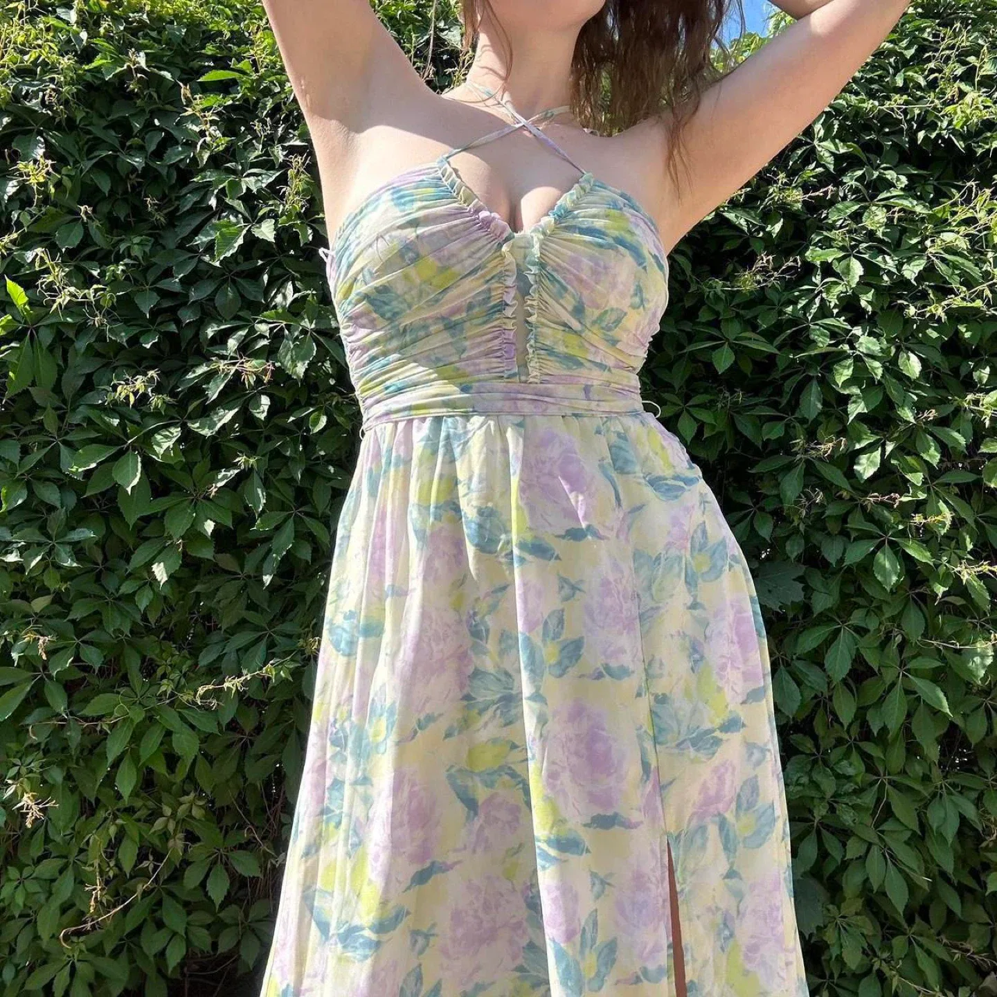 Flowy green and purple floral maxi dress image indicator(5)