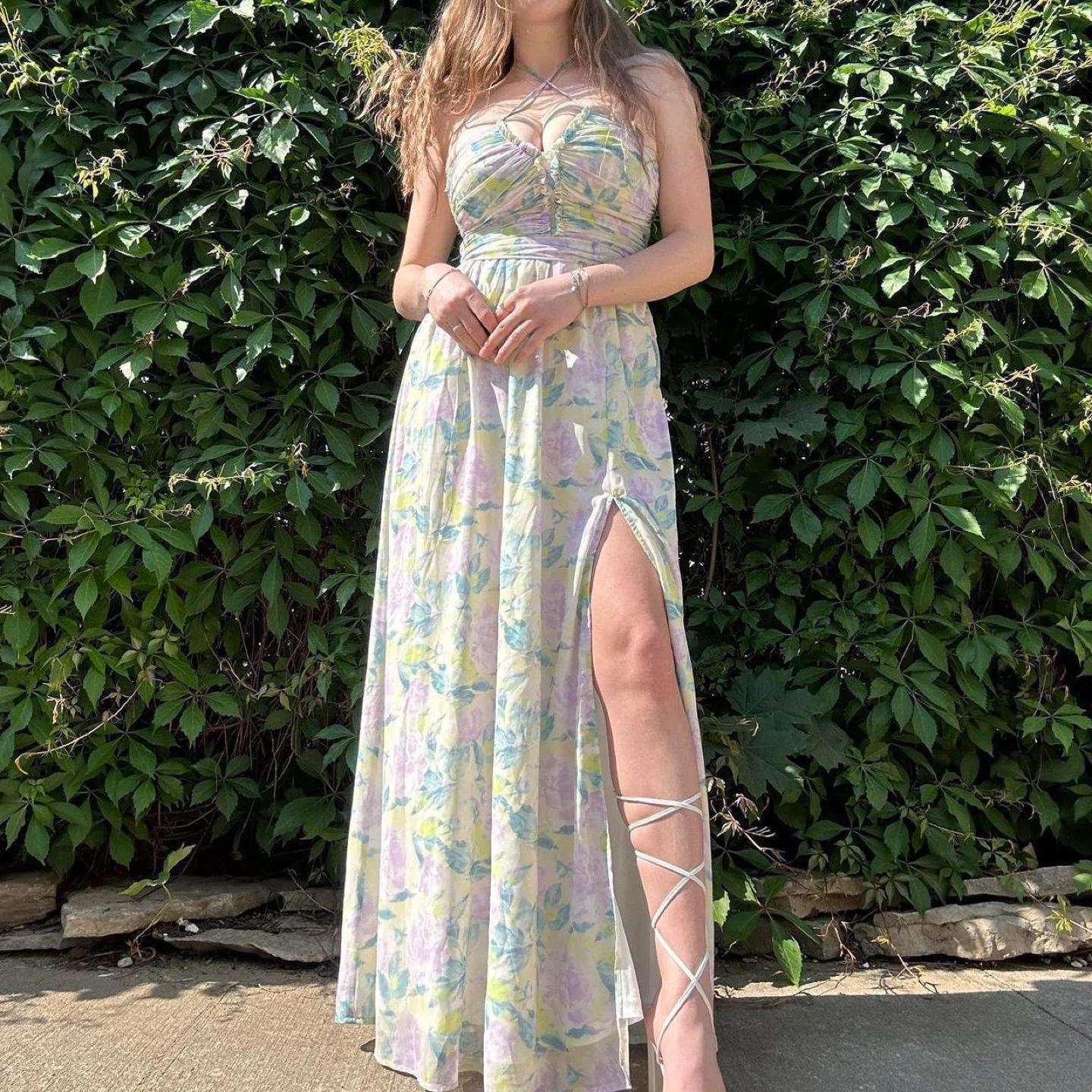 Flowy green and purple floral maxi dress