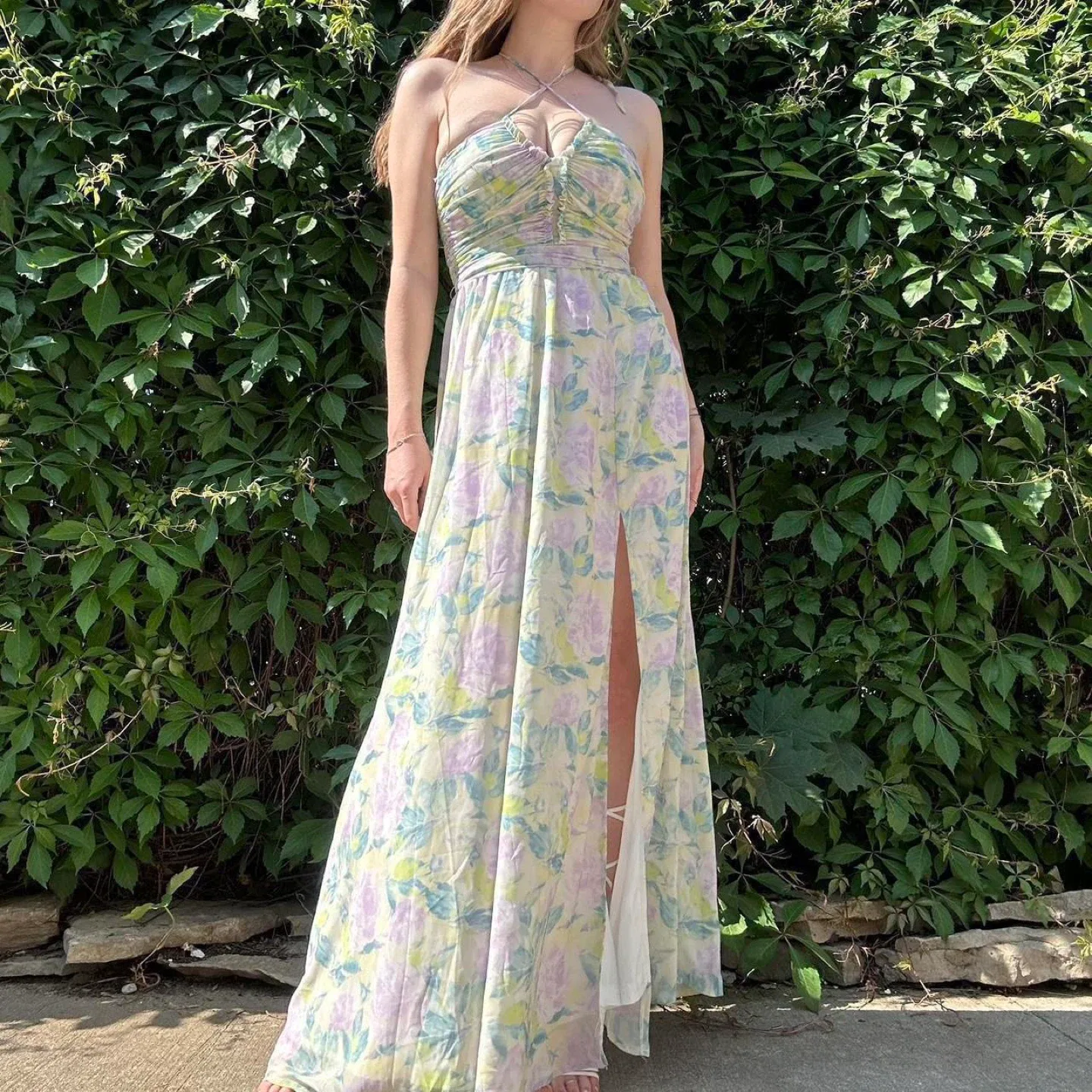 Flowy green and purple floral maxi dress image indicator(3)