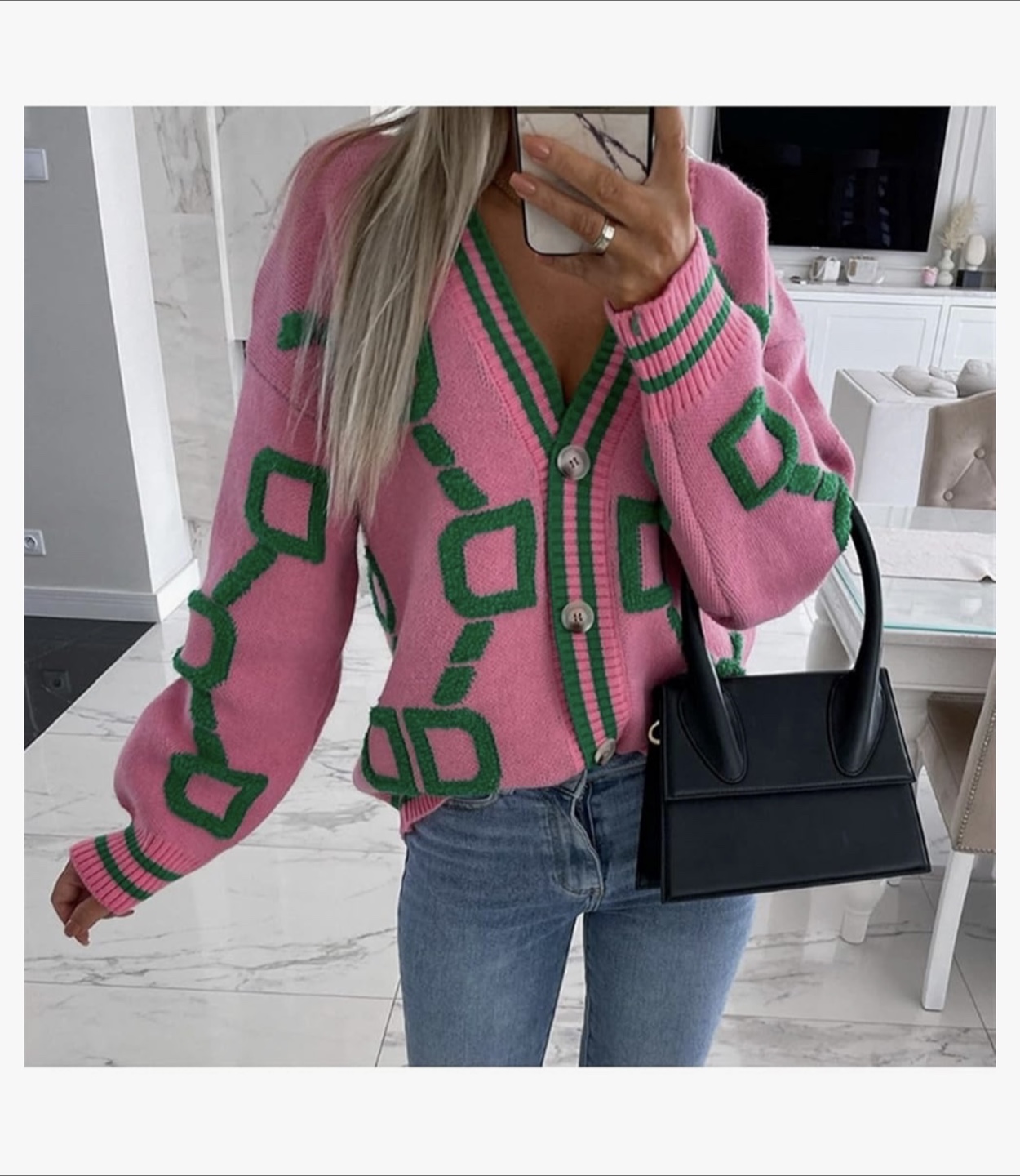 Pink & Green Patterned Knit Cardigan