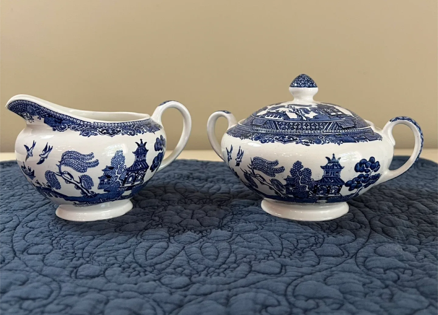 Vintage Willow Blue Sugar Bowl & Creamer Set thumbnail