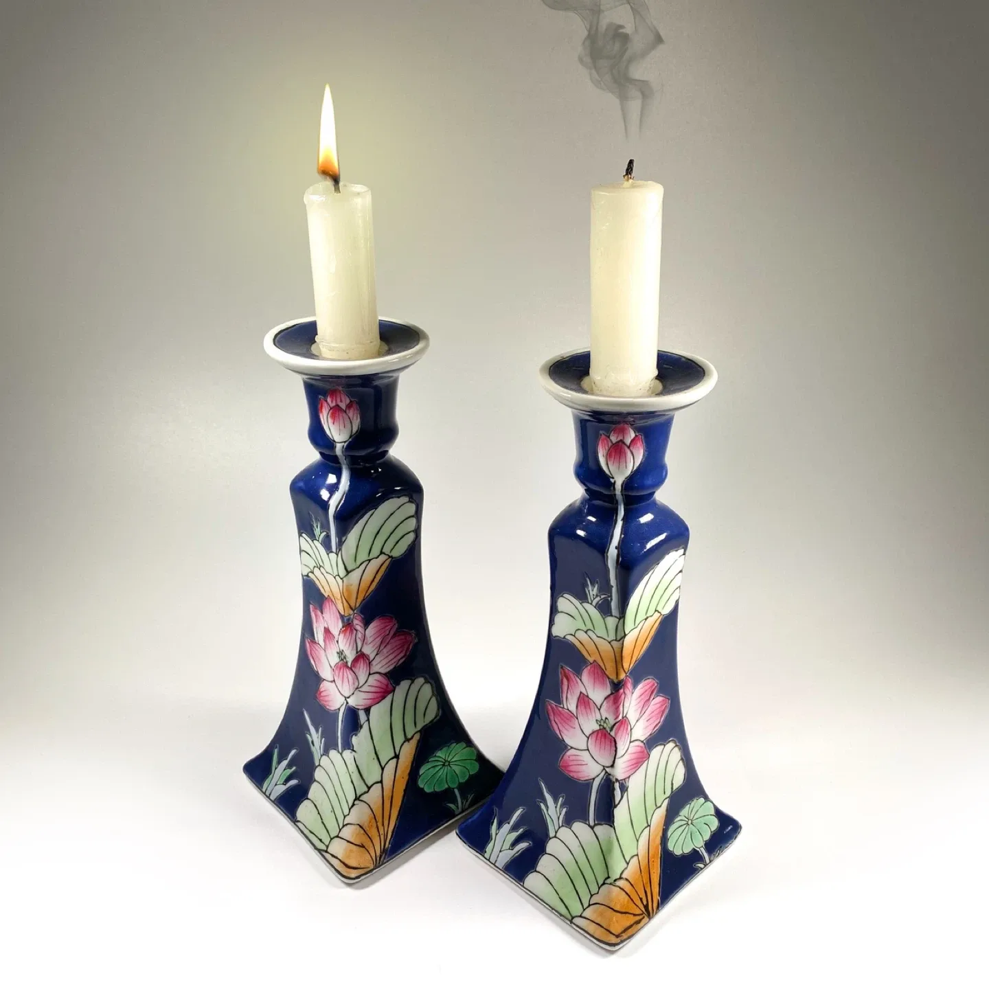 Pair of Asian Lotus Flower Candle Holders thumbnail