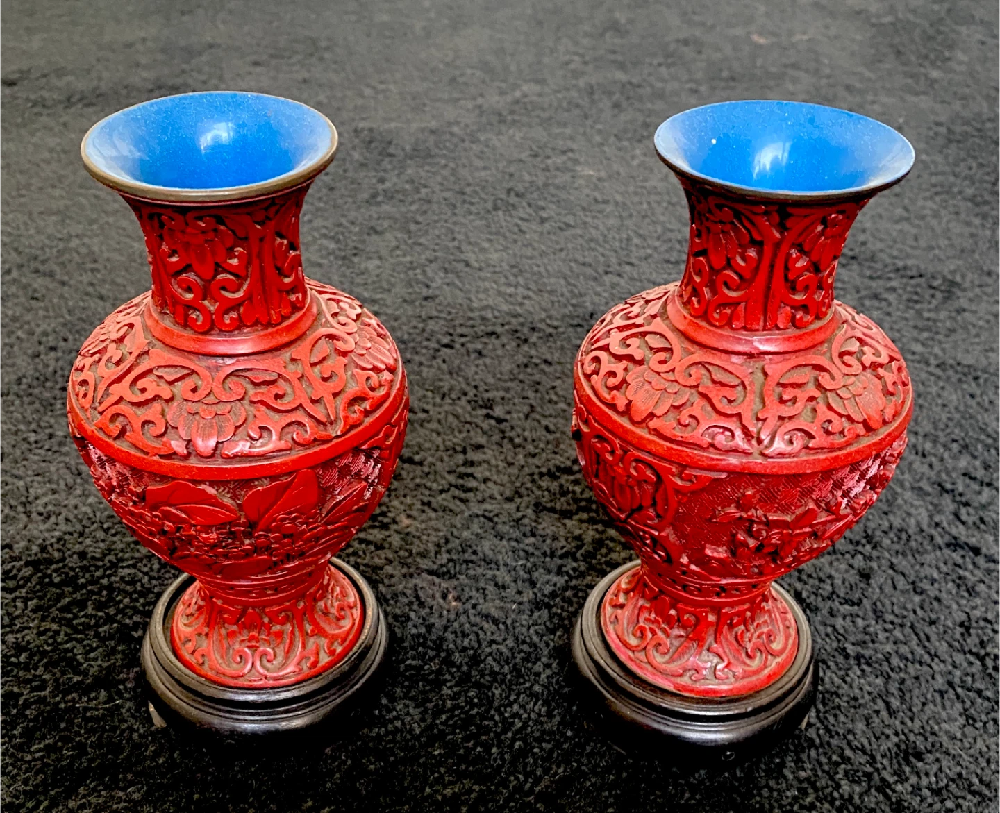 Antique Cinnabar 6” Pair of Vases