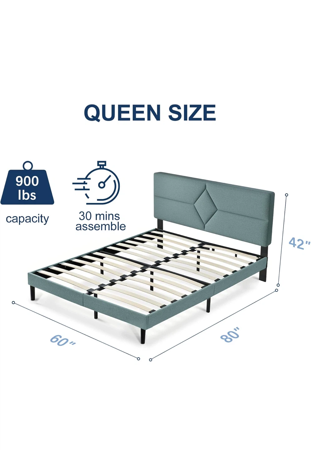Queen Size Fabric Diamond Headboard Bed Frame