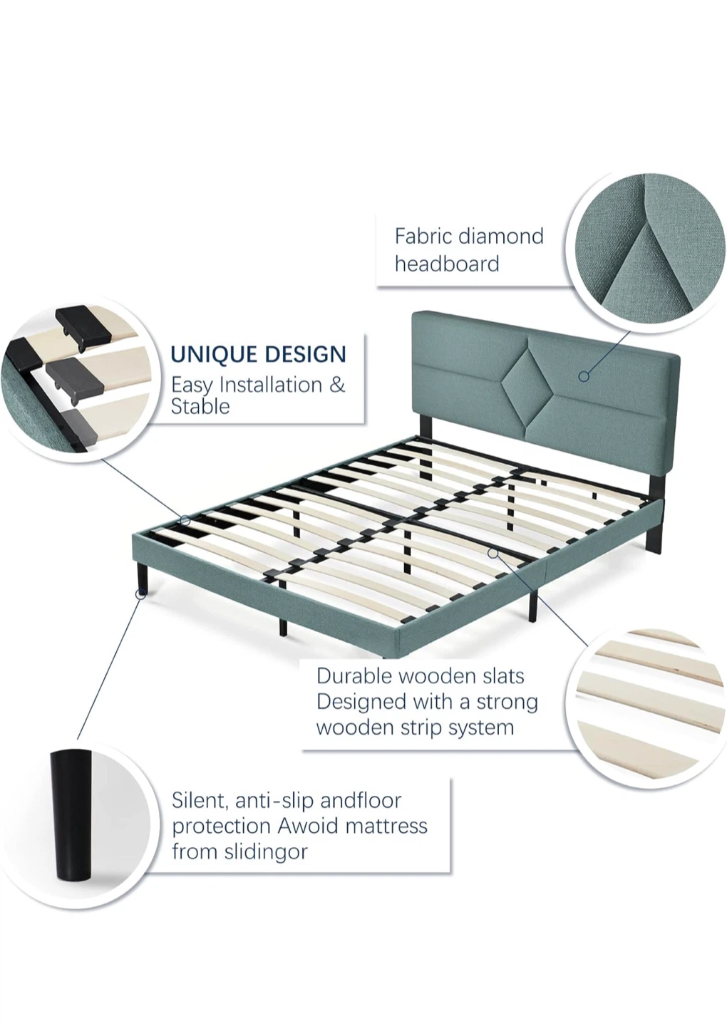 Queen Size Fabric Diamond Headboard Bed Frame - photo 3