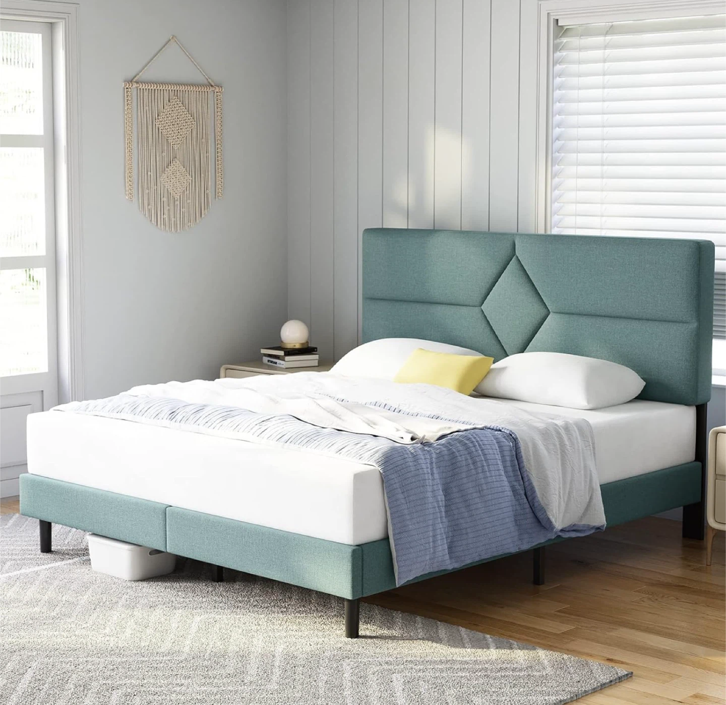 Queen Size Fabric Diamond Headboard Bed Frame - photo 4