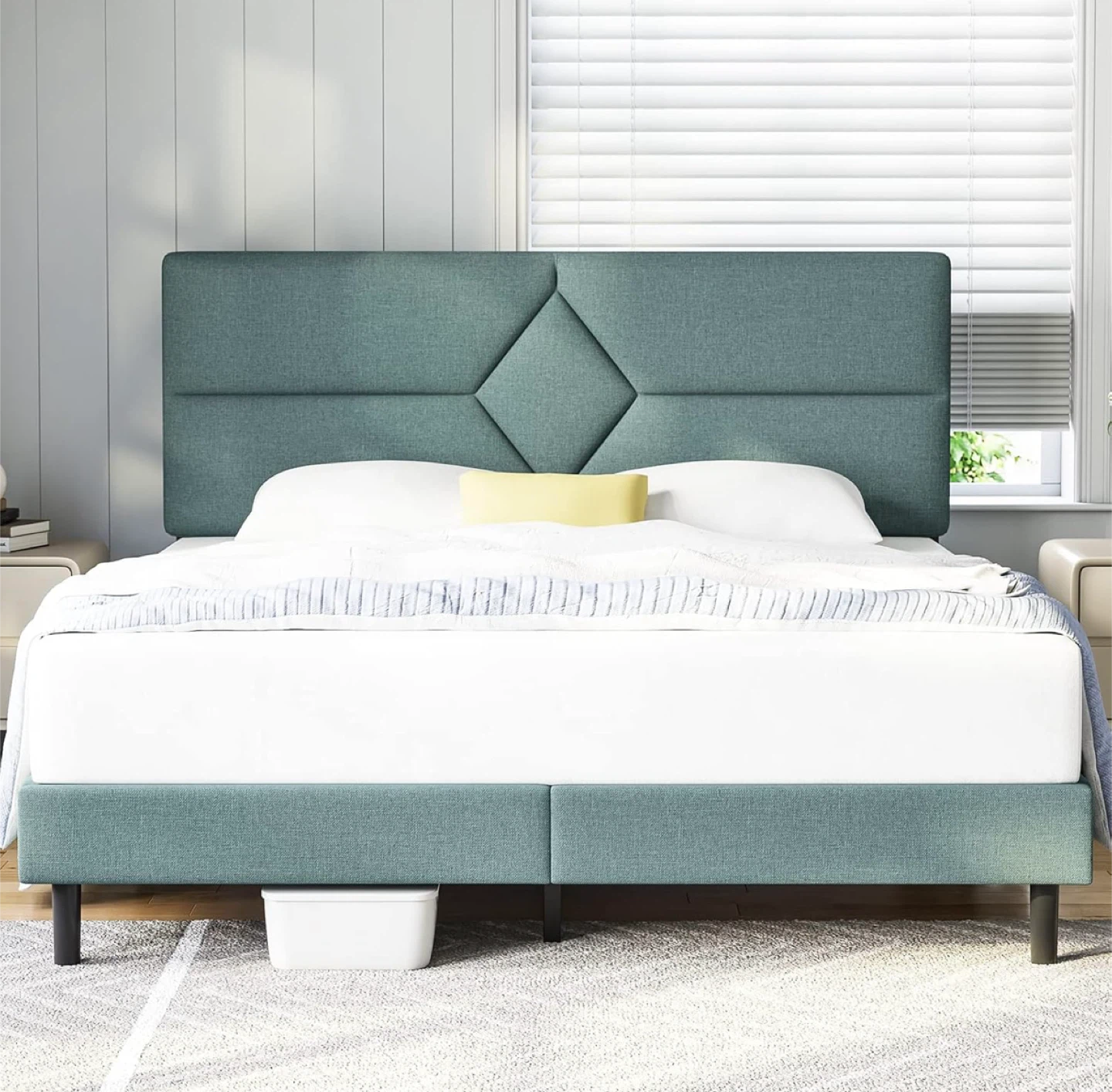 Queen Size Fabric Diamond Headboard Bed Frame - photo 2