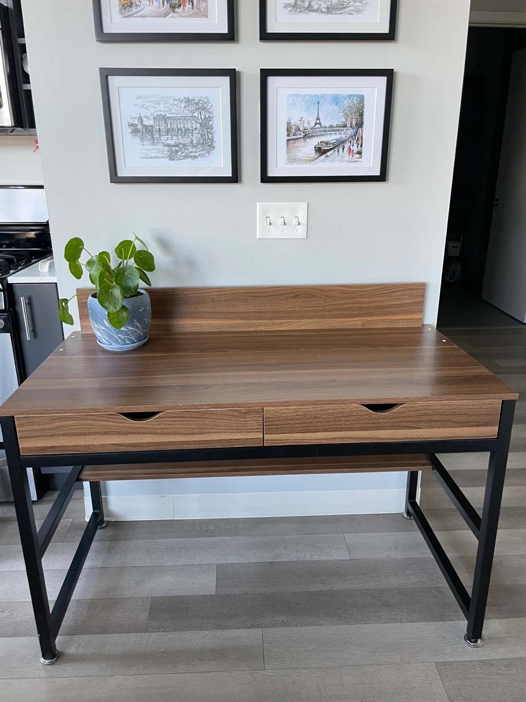 Walnut & Black Desk with Drawers