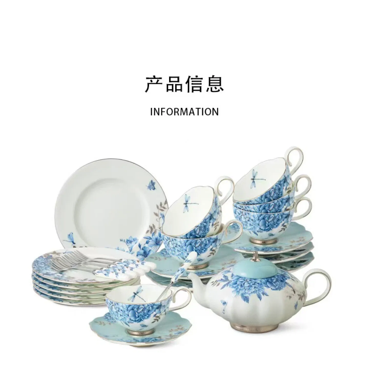 Blue Floral Tea Set Hand draw and Hand made, with platinum decor image indicator(5)