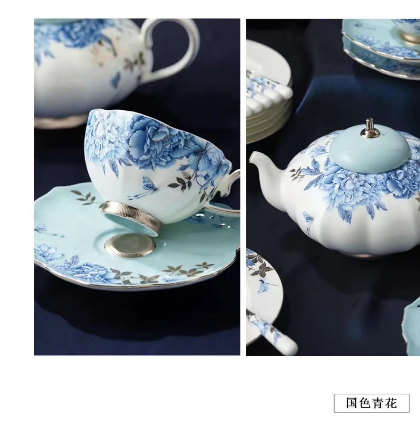 Blue Floral Tea Set Hand draw and Hand made, with platinum decor image indicator(4)