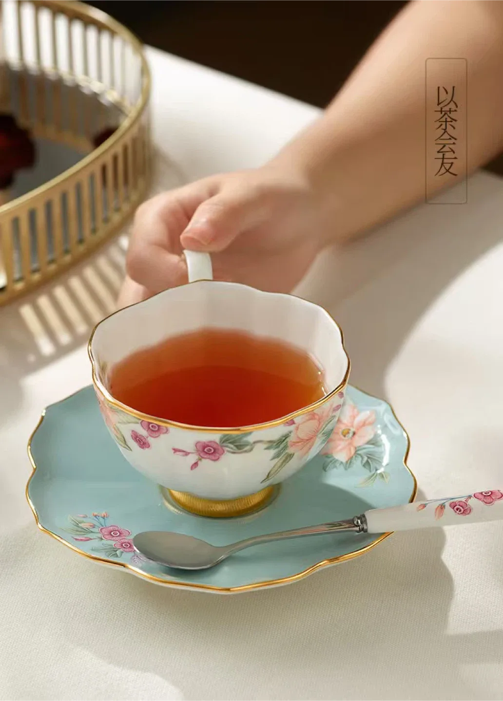 Floral Tea Cup and Saucer Set. Hand made hand draw with gold image indicator(6)