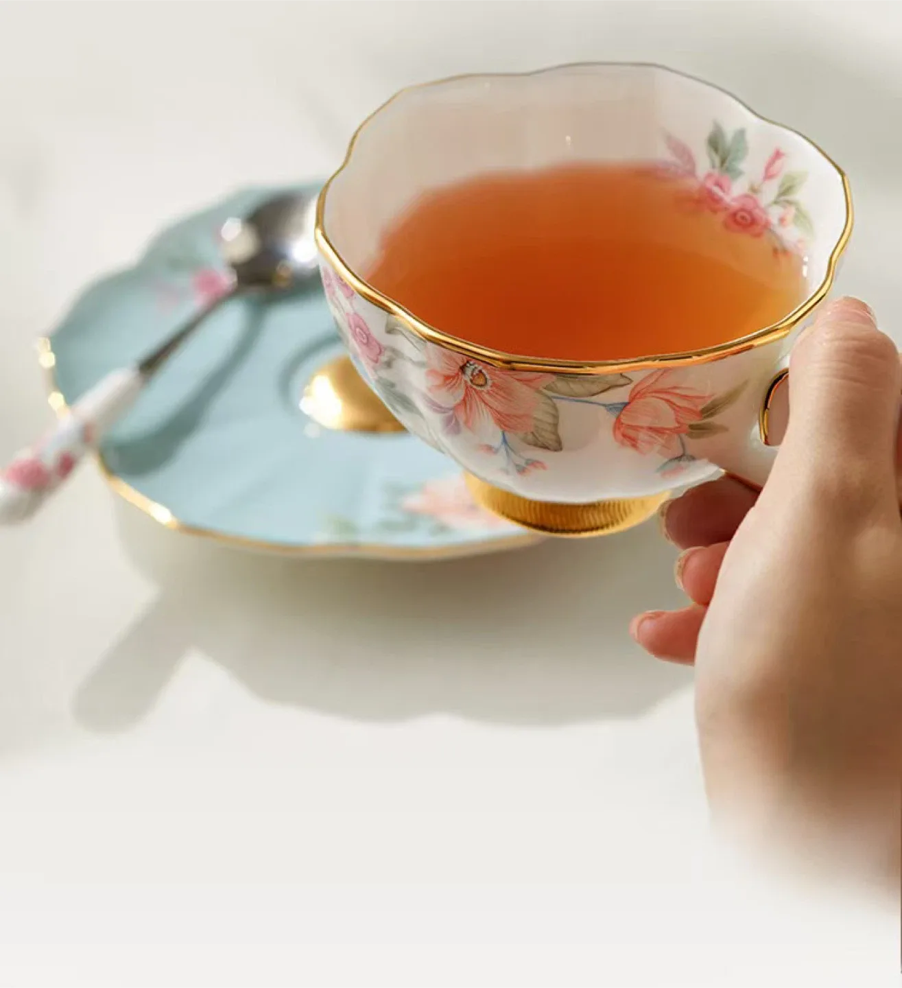 Floral Tea Cup and Saucer Set. Hand made hand draw with gold image indicator(3)