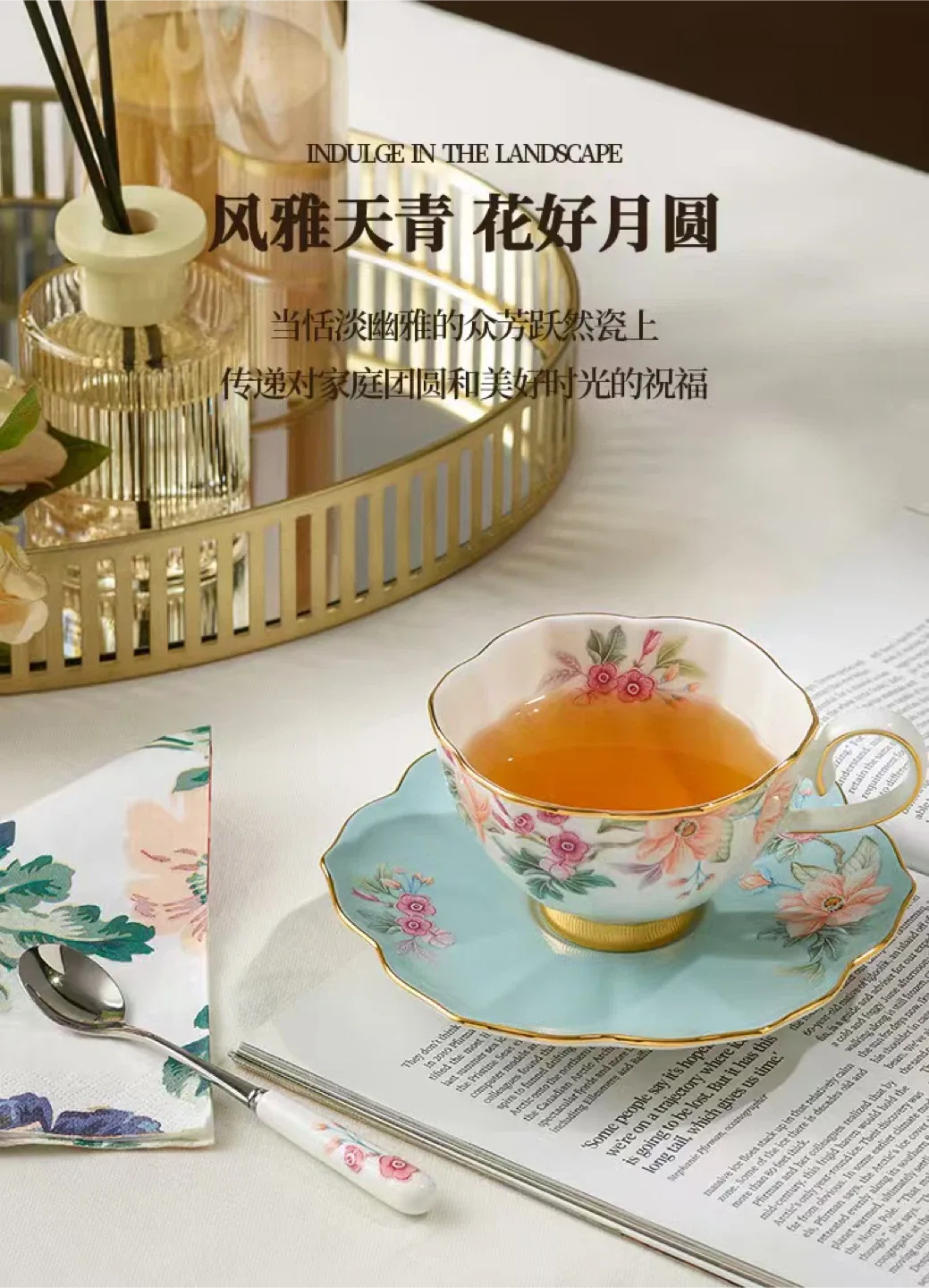 Floral Tea Cup and Saucer Set. Hand made hand draw with gold image indicator(2)