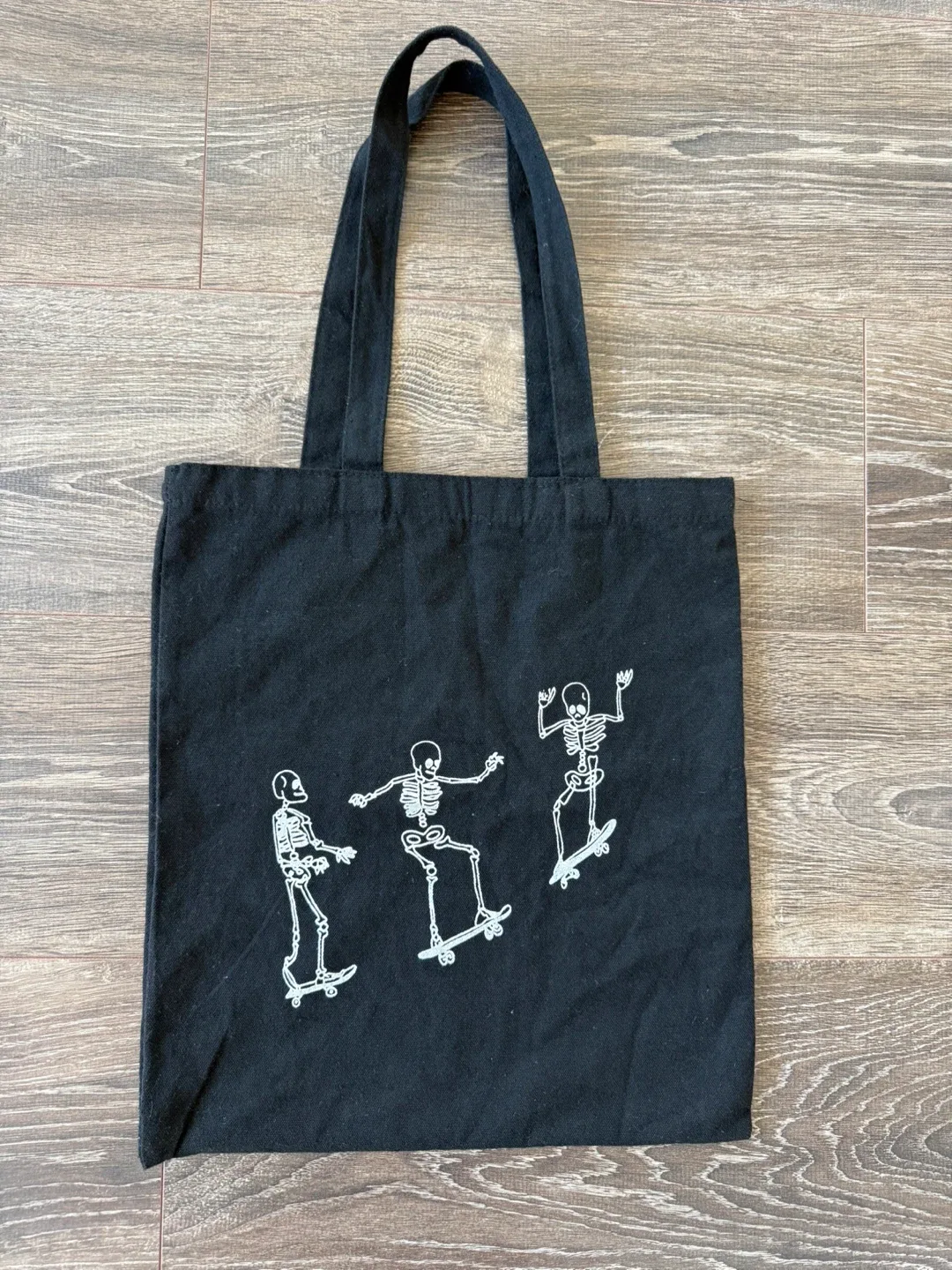 Black Tote Bag with Skeleton Skateboarders thumbnail