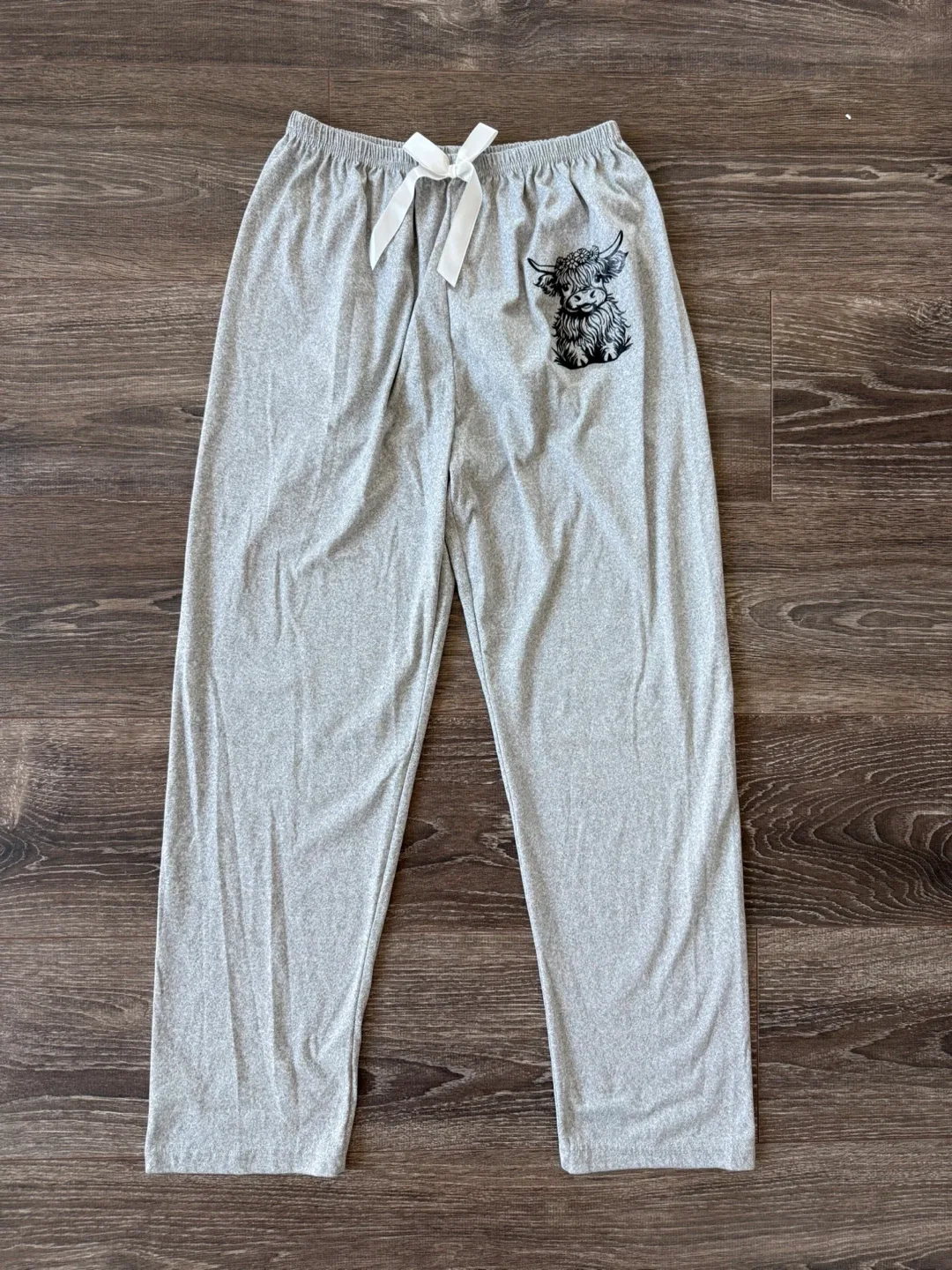 Grey Pajama Pants with Highland Cow Graphic size small thumbnail