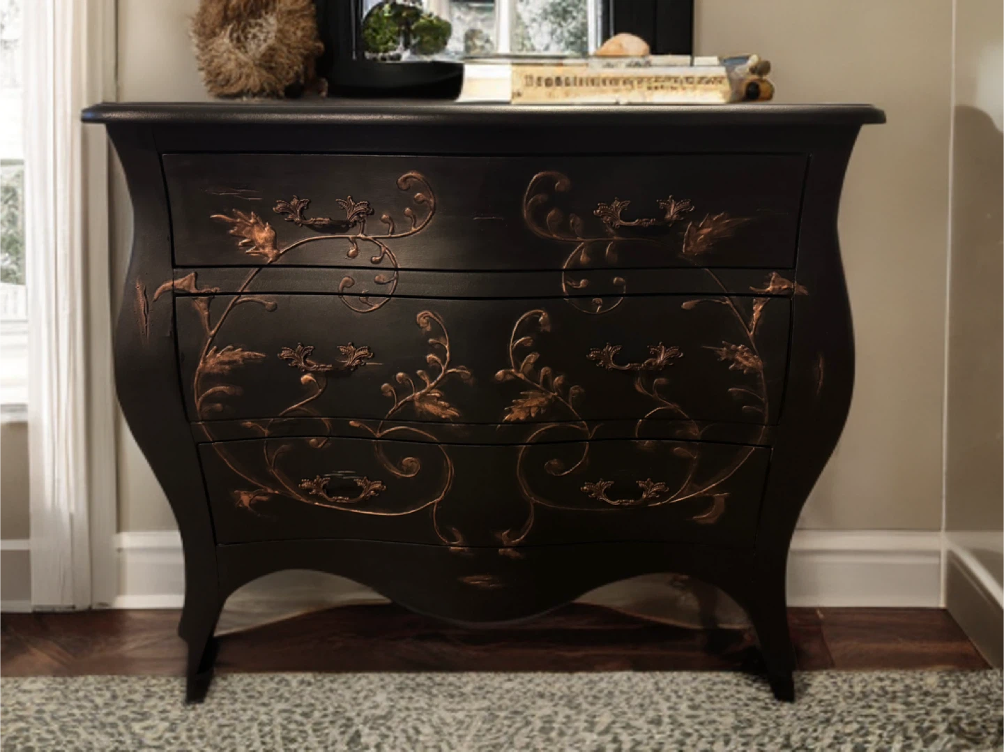 Refinished three drawer dresser: black with copper detailing